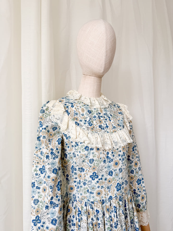 Beautiful Rare One of a Kind 1970s Lace Trimmed Cotton Midaxi Dress