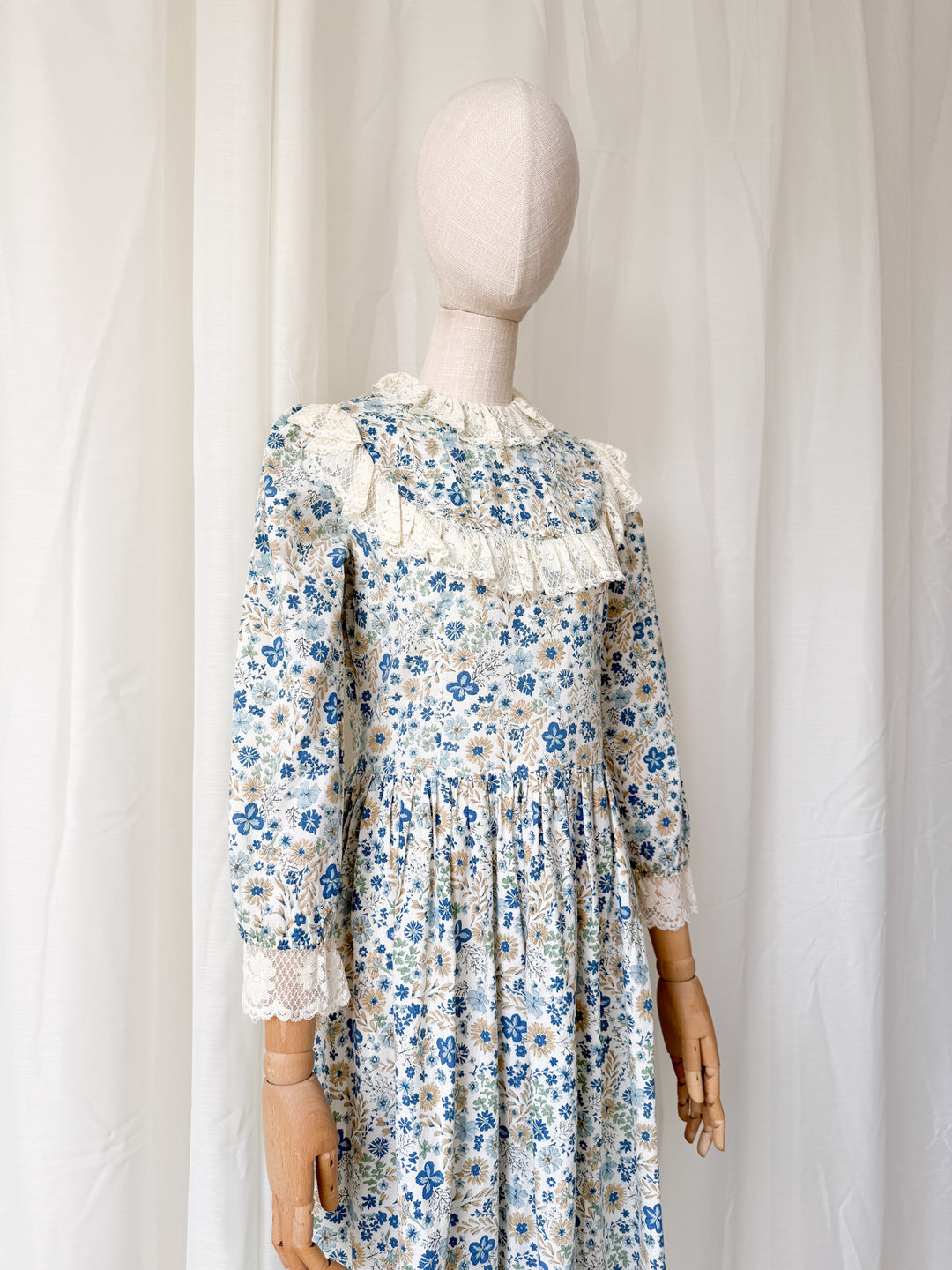 Beautiful Rare One of a Kind 1970s Lace Trimmed Cotton Midaxi Dress