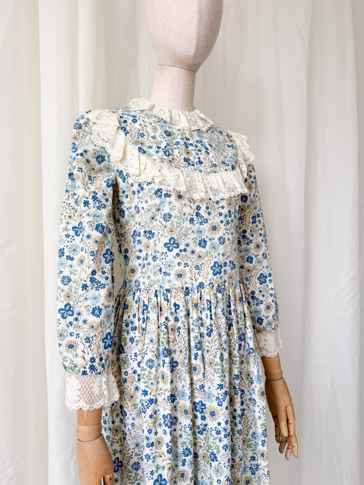 Beautiful Rare One of a Kind 1970s Lace Trimmed Cotton Midaxi Dress