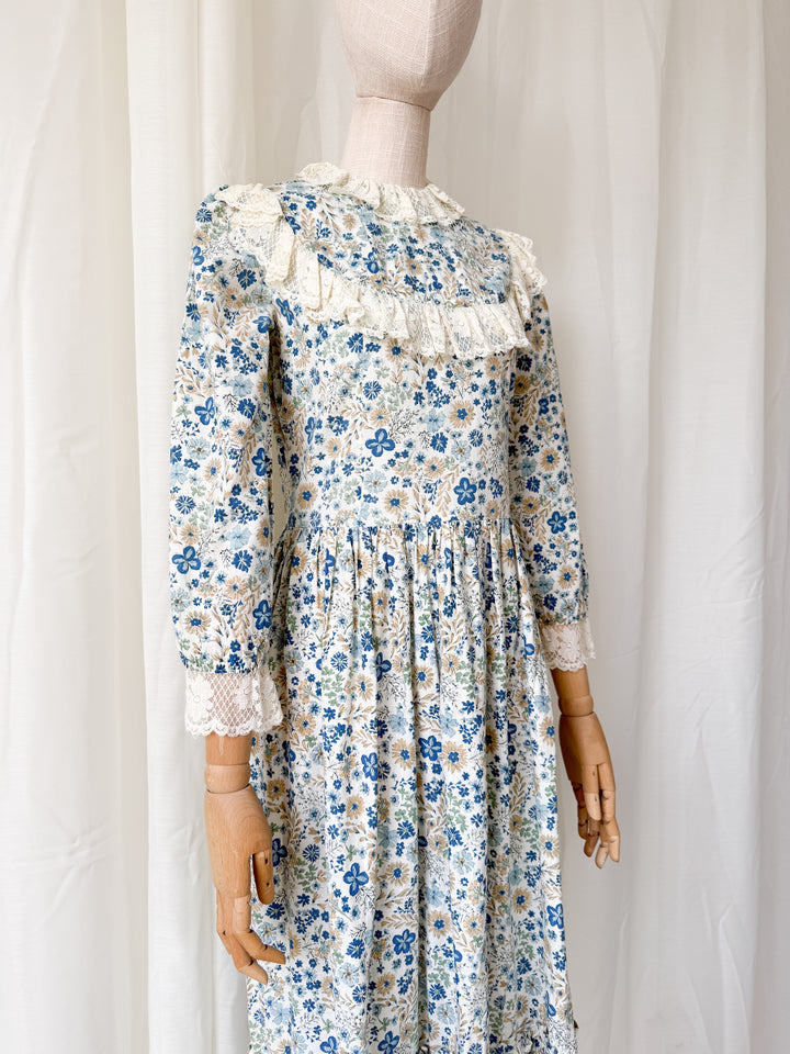 Beautiful Rare One of a Kind 1970s Lace Trimmed Cotton Midaxi Dress