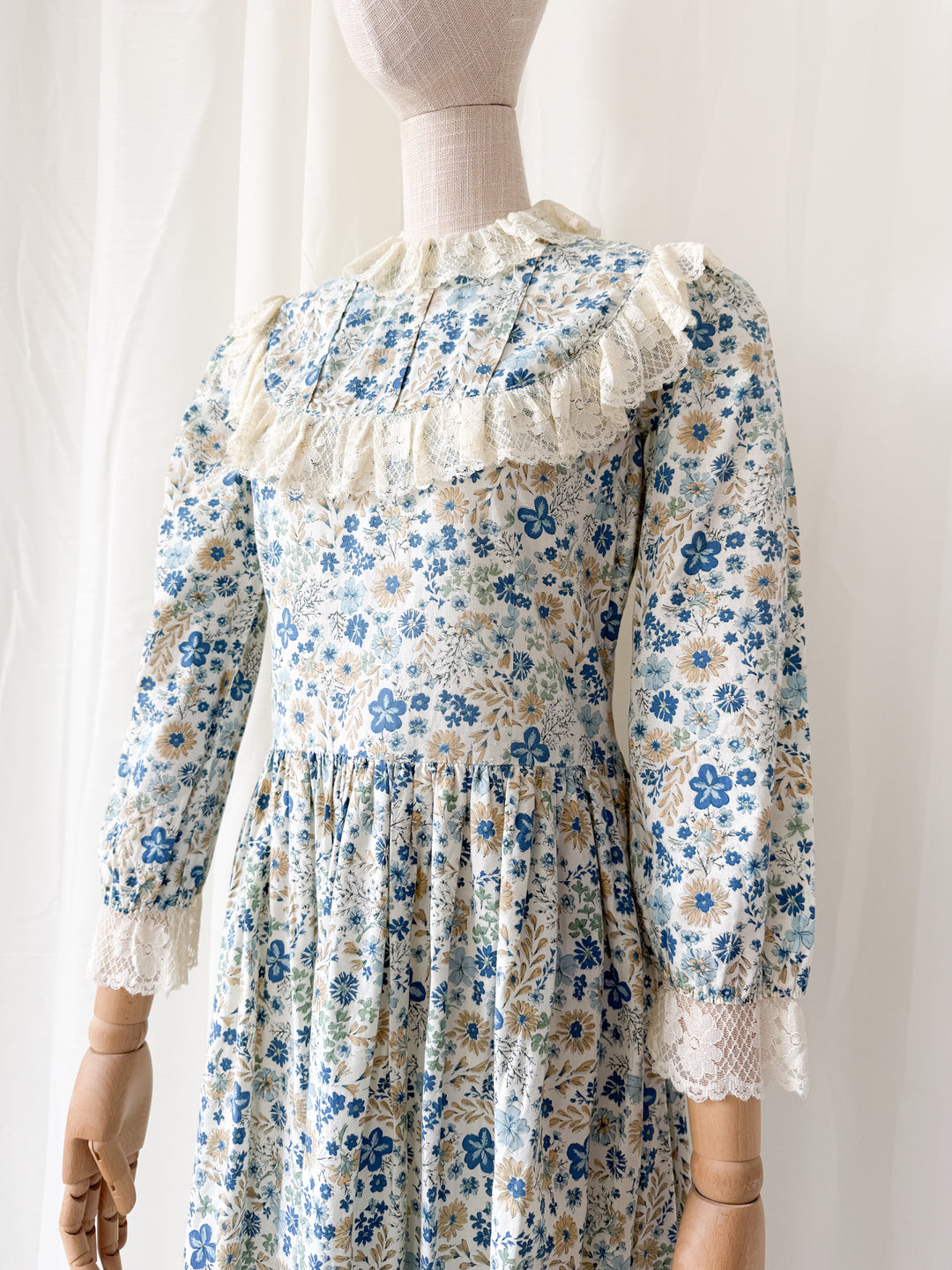 Beautiful Rare One of a Kind 1970s Lace Trimmed Cotton Midaxi Dress