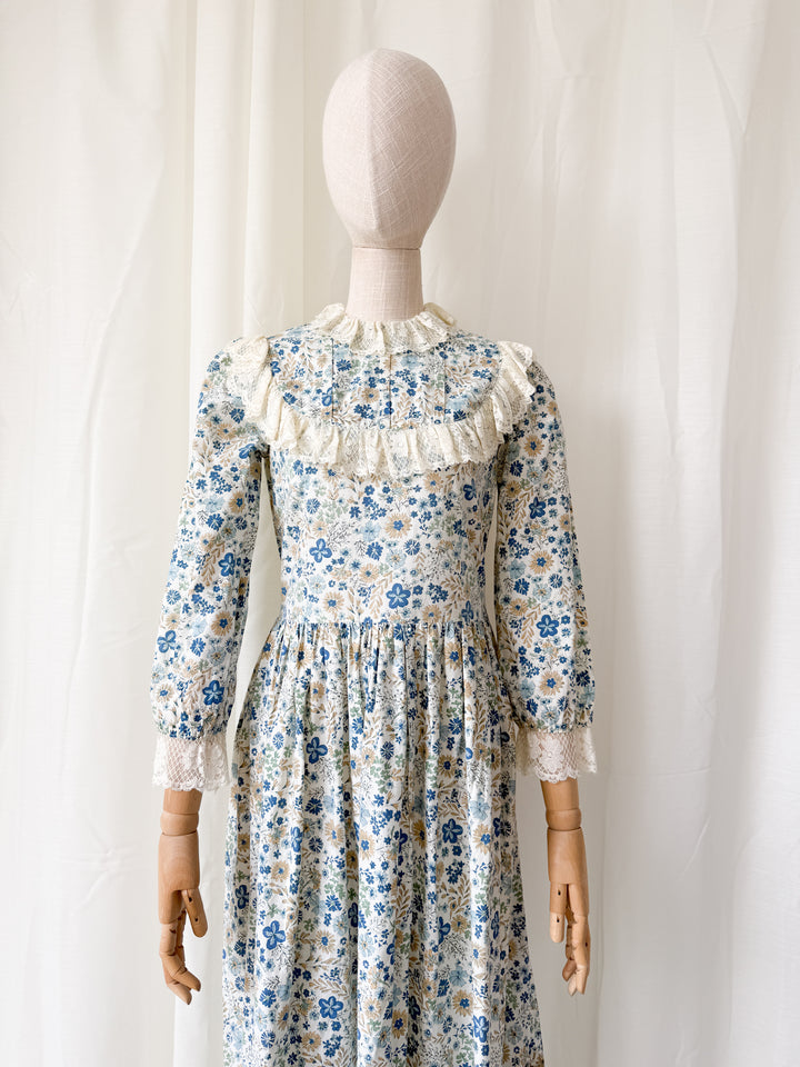 Beautiful Rare One of a Kind 1970s Lace Trimmed Cotton Midaxi Dress