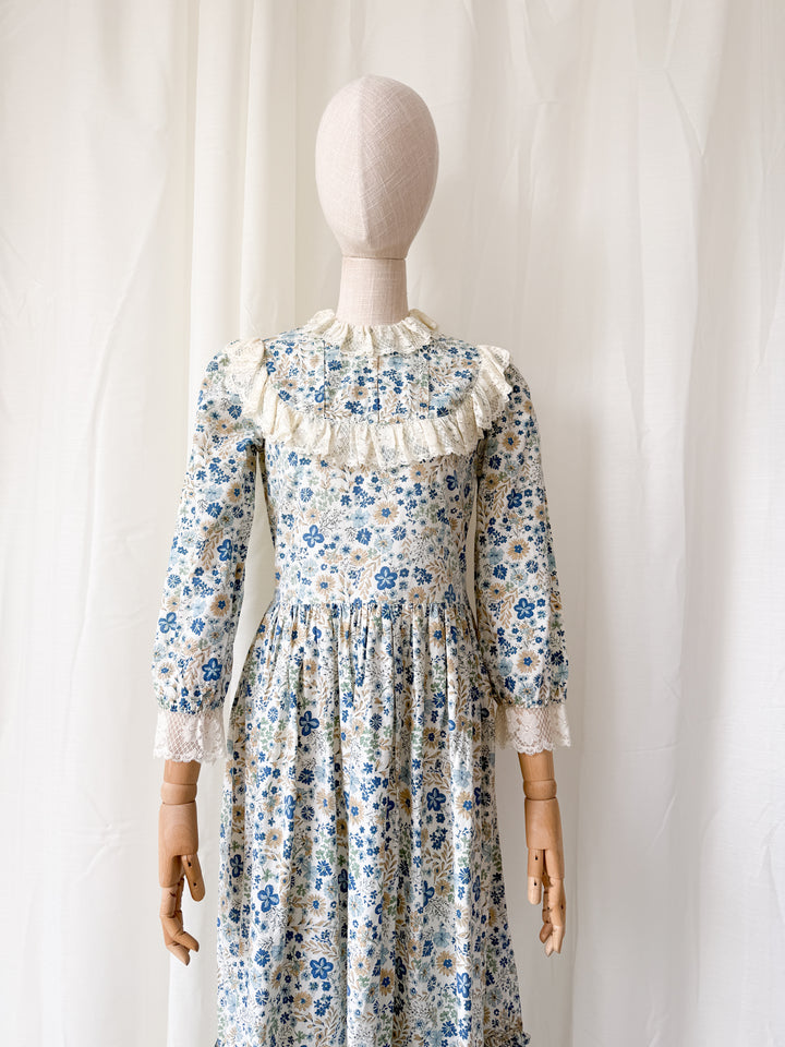 Beautiful Rare One of a Kind 1970s Lace Trimmed Cotton Midaxi Dress