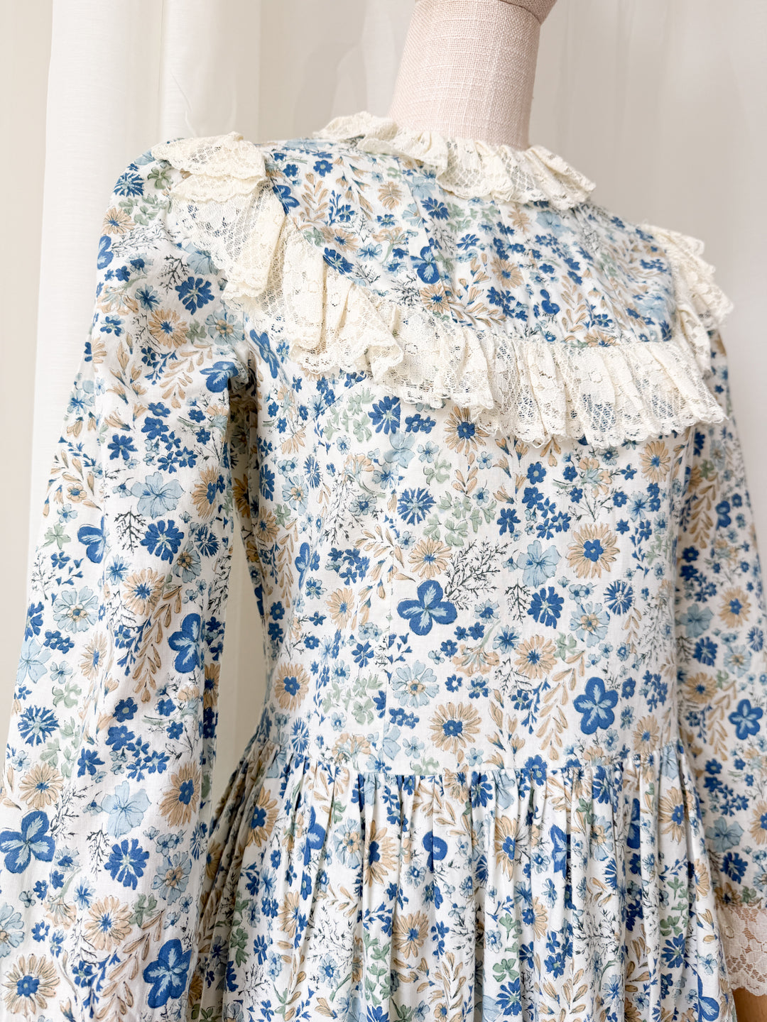 Beautiful Rare One of a Kind 1970s Lace Trimmed Cotton Midaxi Dress