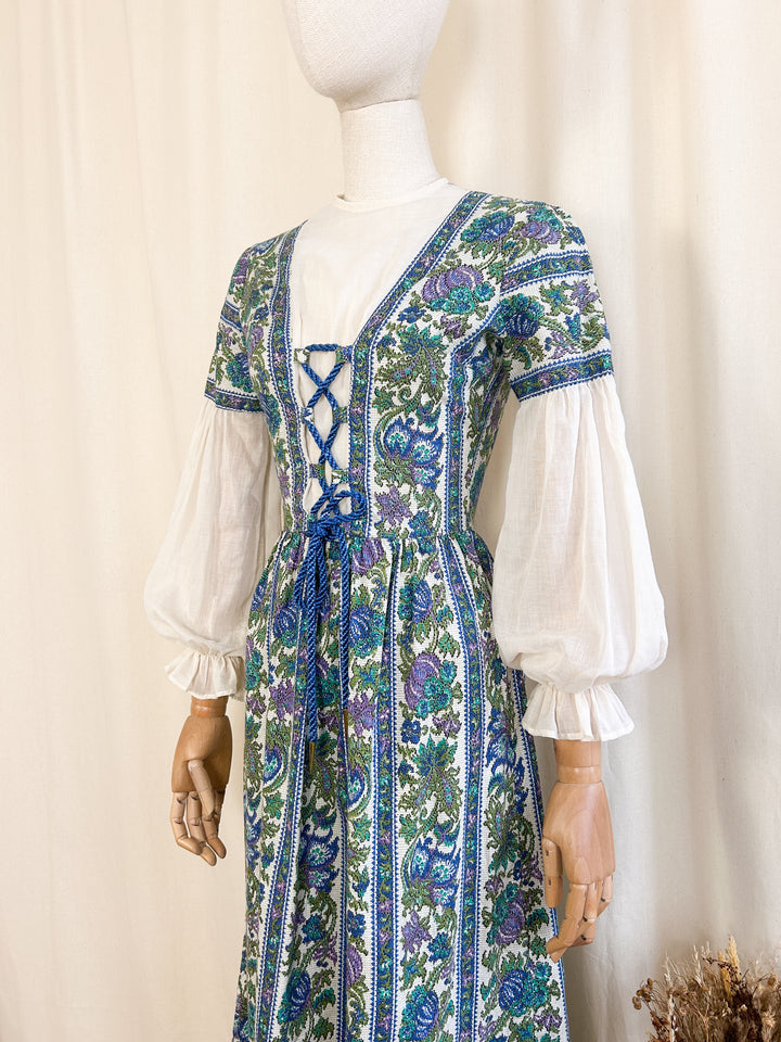 Angelic Rare 70s Corset Bodice Tapestry Print Cotton Maxi Dress by Dollyrockers