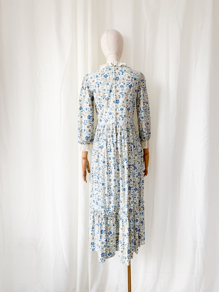 Beautiful Rare One of a Kind 1970s Lace Trimmed Cotton Midaxi Dress
