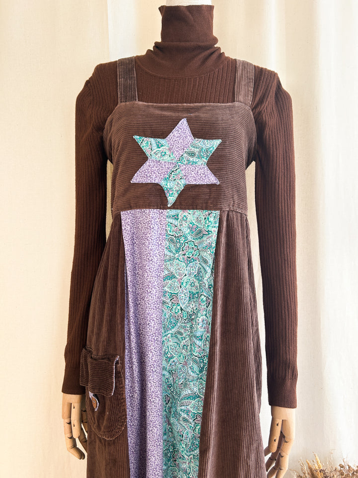 Quirky Rare 70s Handmade Patchwork Corduroy Pinafore Dress