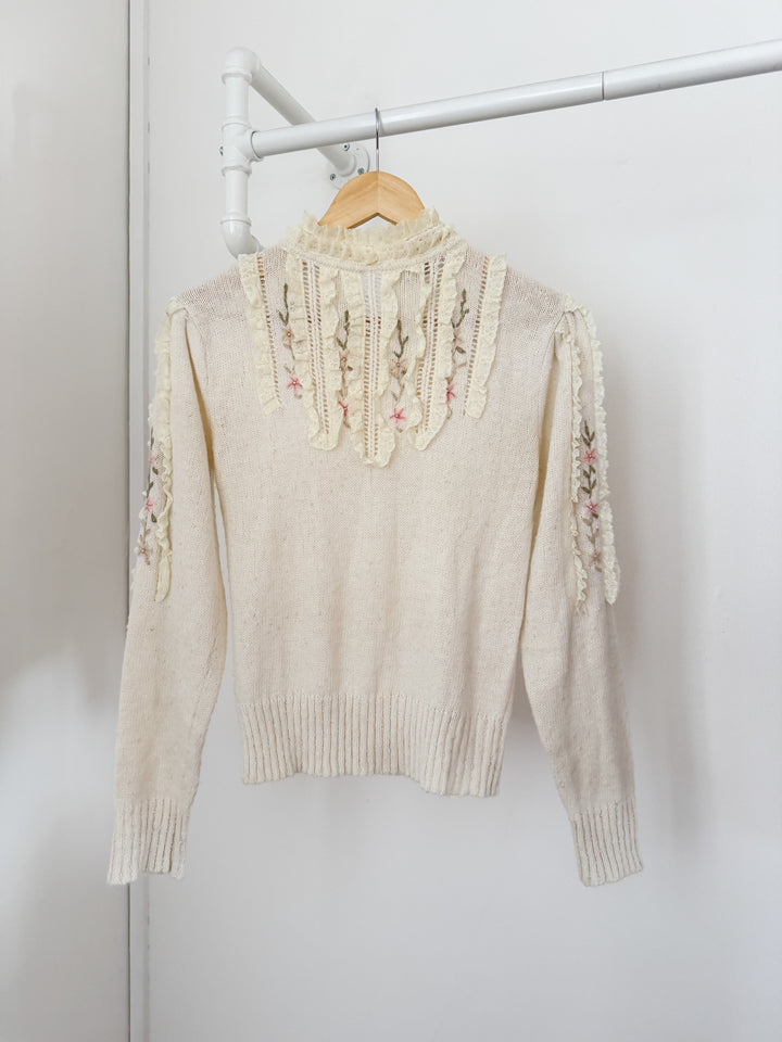 Beautiful Rare 1970s Puff Sleeve Lace Trimmed Embroidered Floral Sweater
