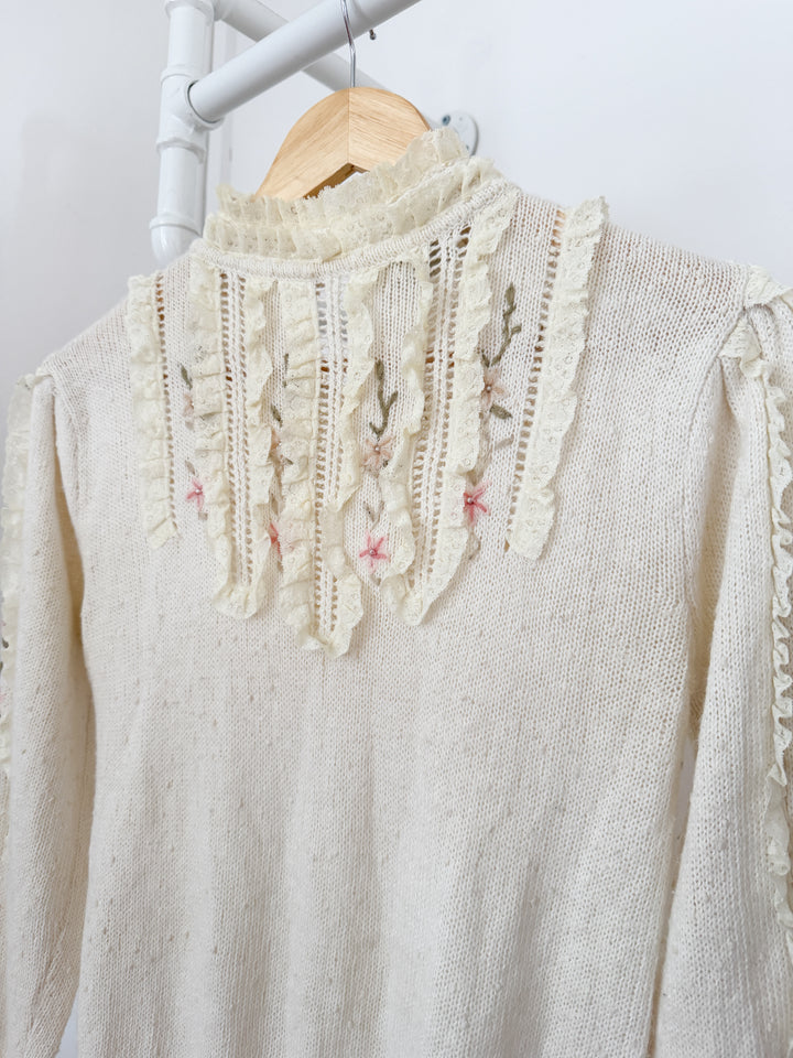 Beautiful Rare 1970s Puff Sleeve Lace Trimmed Embroidered Floral Sweater