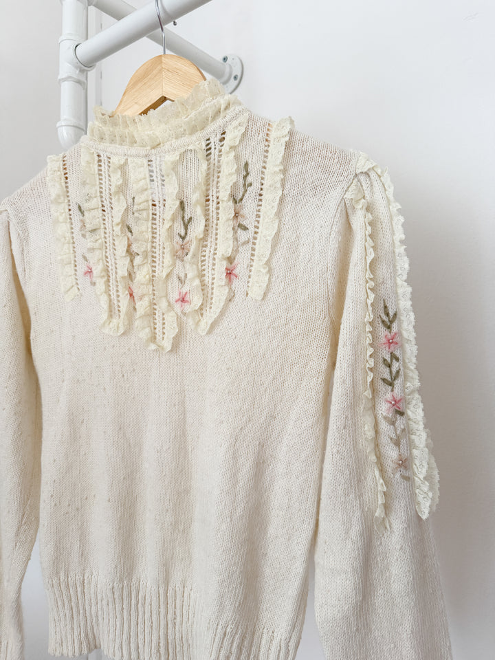 Beautiful Rare 1970s Puff Sleeve Lace Trimmed Embroidered Floral Sweater