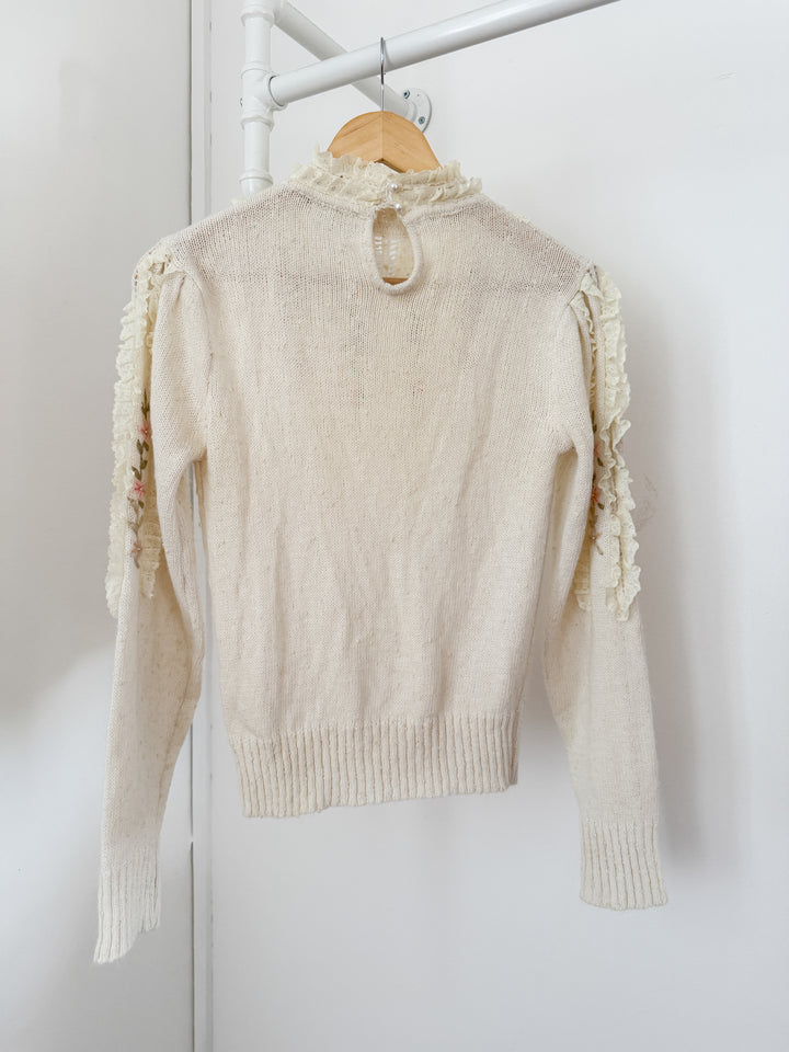 Beautiful Rare 1970s Puff Sleeve Lace Trimmed Embroidered Floral Sweater