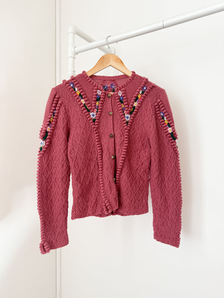 Incredible Holy Grail Rare Heavily Detailed Floral Pink Wool Austrian Knit Cardigan