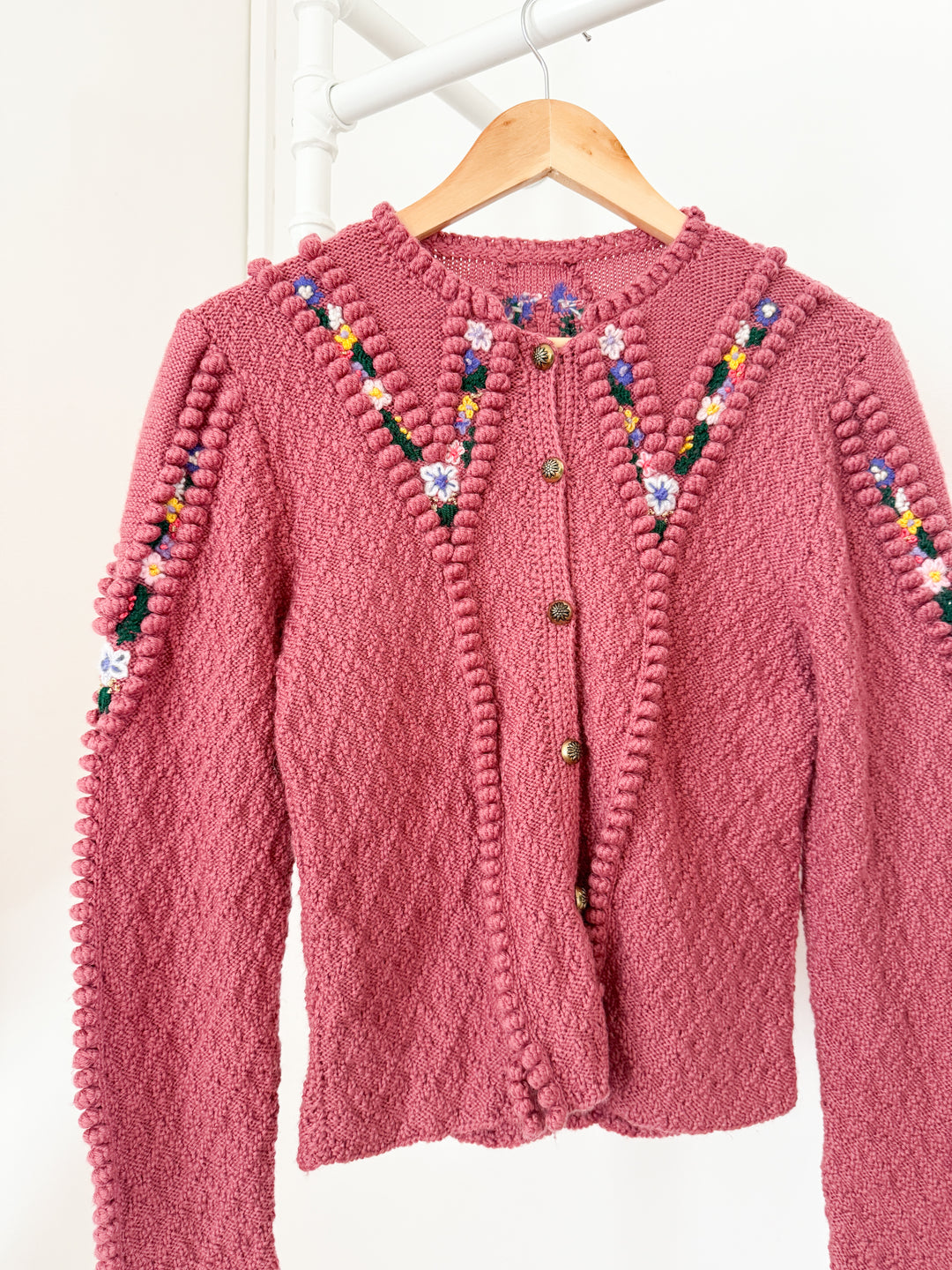 Incredible Holy Grail Rare Heavily Detailed Floral Pink Wool Austrian Knit Cardigan
