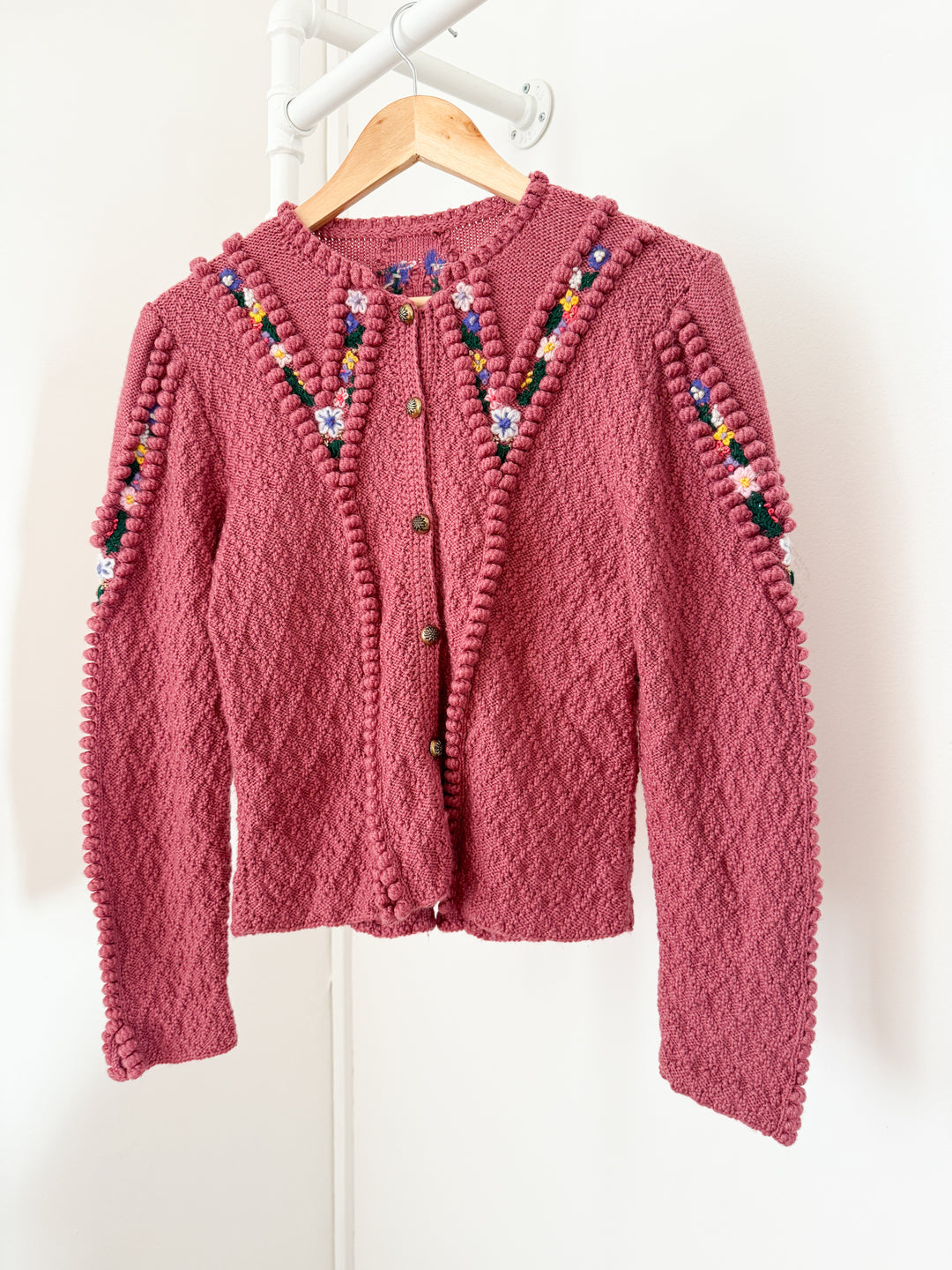 Incredible Holy Grail Rare Heavily Detailed Floral Pink Wool Austrian Knit Cardigan