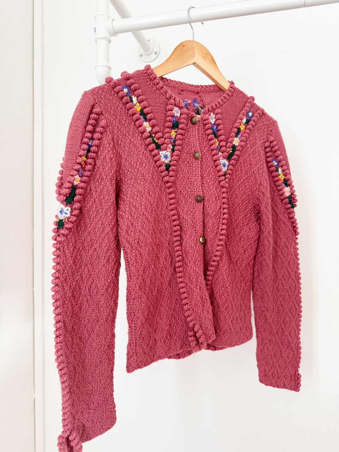 Incredible Holy Grail Rare Heavily Detailed Floral Pink Wool Austrian Knit Cardigan