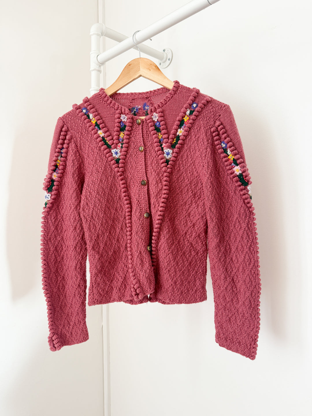 Incredible Holy Grail Rare Heavily Detailed Floral Pink Wool Austrian Knit Cardigan