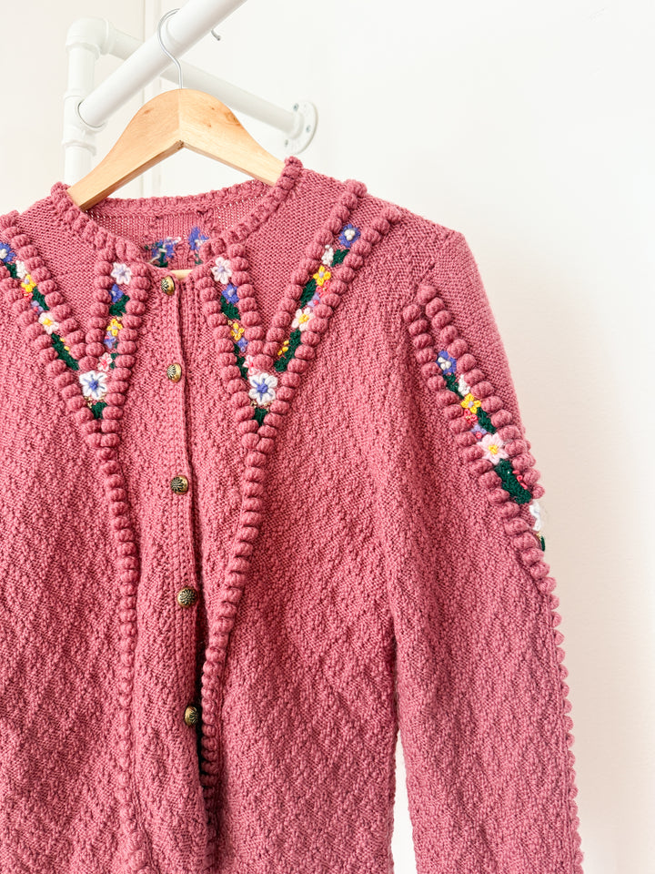 Incredible Holy Grail Rare Heavily Detailed Floral Pink Wool Austrian Knit Cardigan