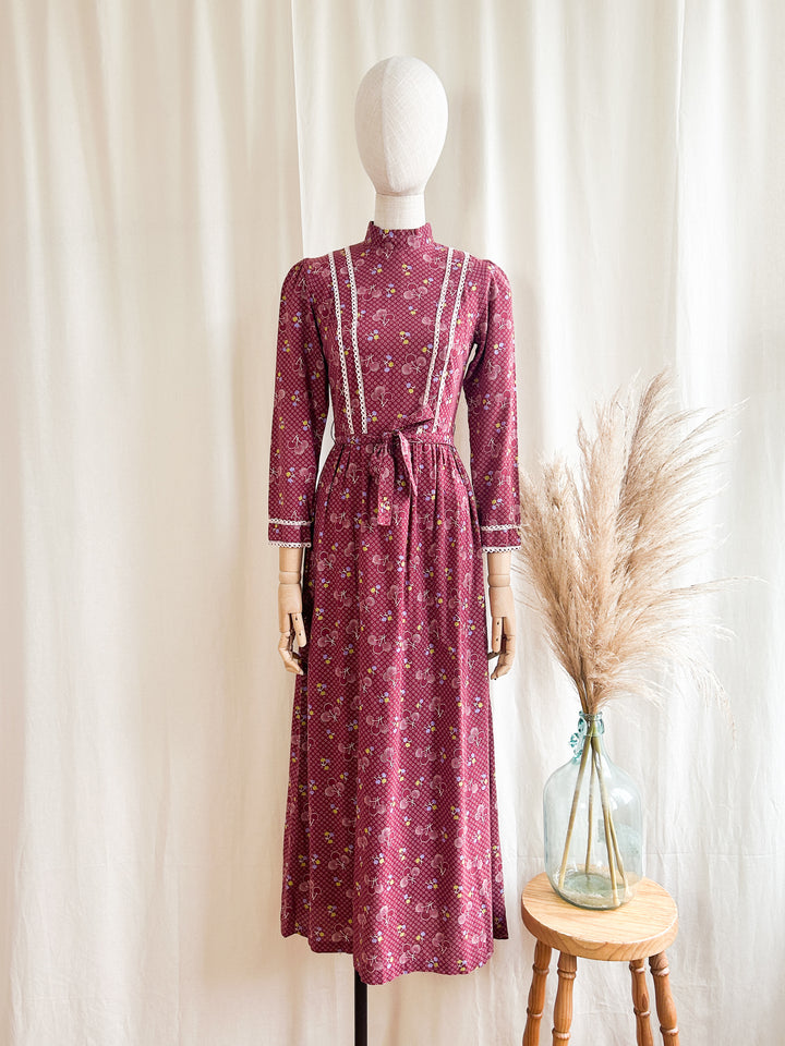 The Plums ~ adorable maroon 70s cotton maxi dress by Michael Sinclair