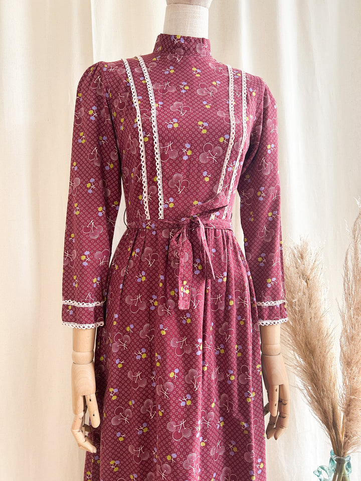 The Plums ~ adorable maroon 70s cotton maxi dress by Michael Sinclair