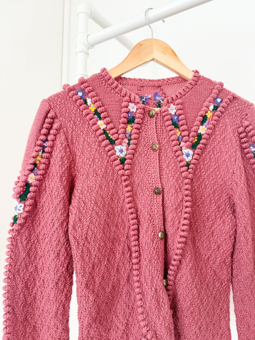 Incredible Holy Grail Rare Heavily Detailed Floral Pink Wool Austrian Knit Cardigan