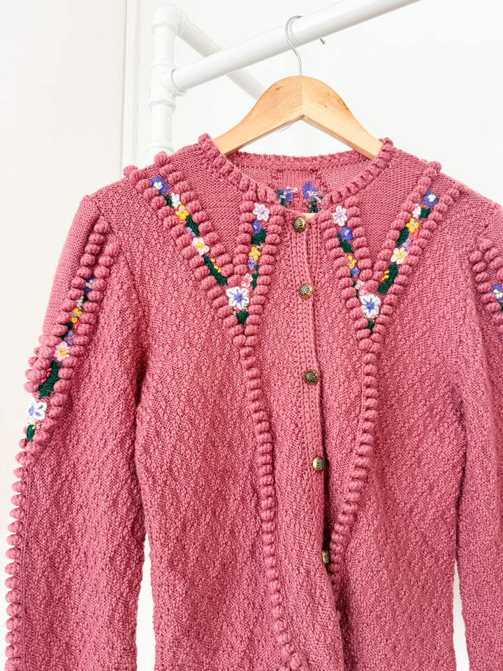 Incredible Holy Grail Rare Heavily Detailed Floral Pink Wool Austrian Knit Cardigan