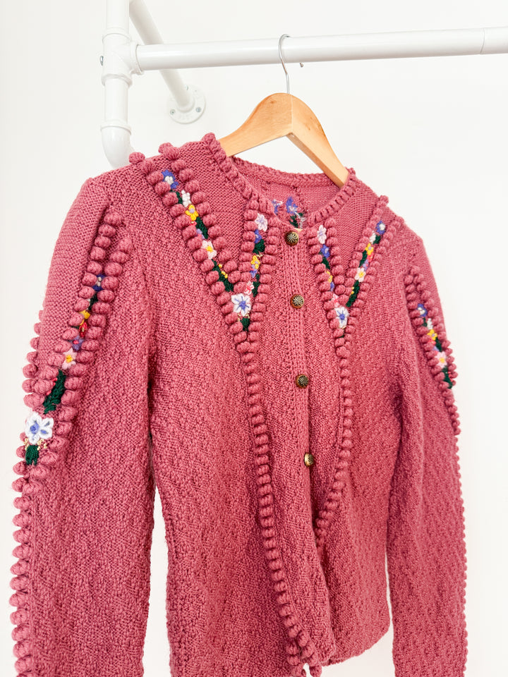 Incredible Holy Grail Rare Heavily Detailed Floral Pink Wool Austrian Knit Cardigan