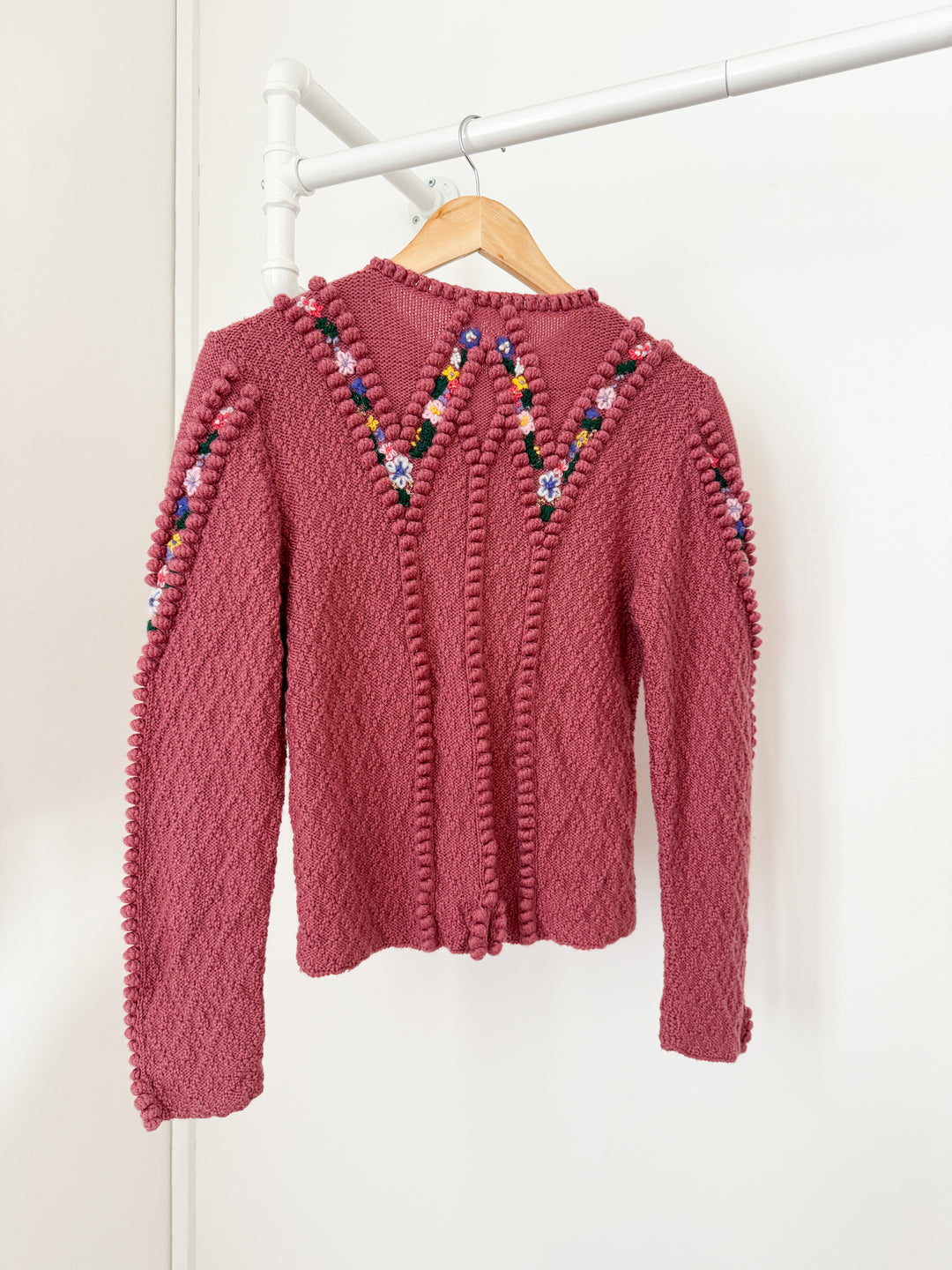 Incredible Holy Grail Rare Heavily Detailed Floral Pink Wool Austrian Knit Cardigan