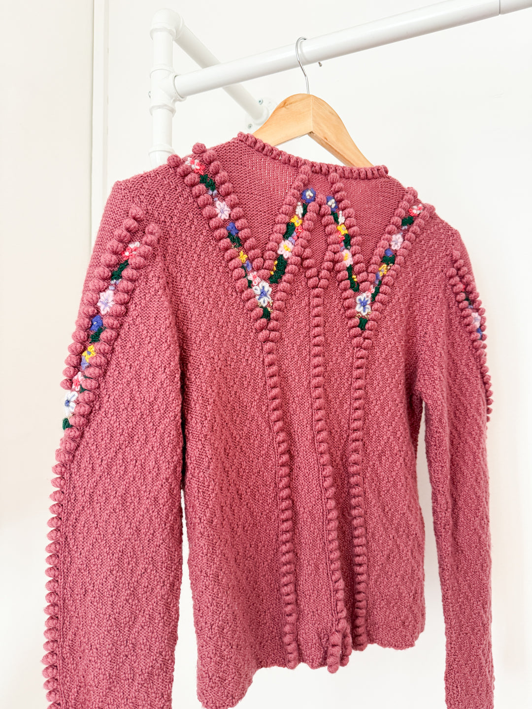 Incredible Holy Grail Rare Heavily Detailed Floral Pink Wool Austrian Knit Cardigan