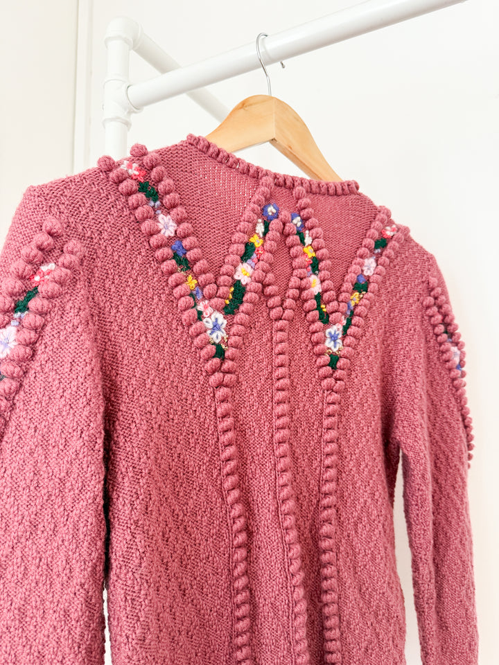 Incredible Holy Grail Rare Heavily Detailed Floral Pink Wool Austrian Knit Cardigan