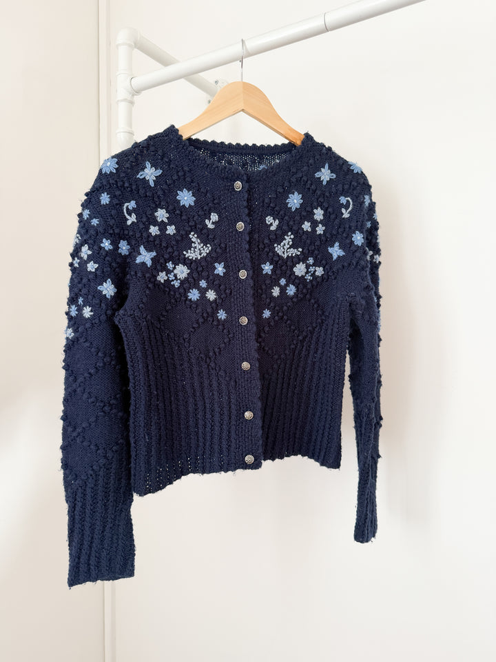 Stunning Holy Grail Rare Heavily Detailed Floral Navy Wool Austrian Knit Cardigan