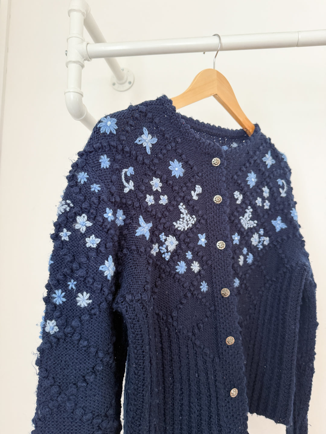 Stunning Holy Grail Rare Heavily Detailed Floral Navy Wool Austrian Knit Cardigan