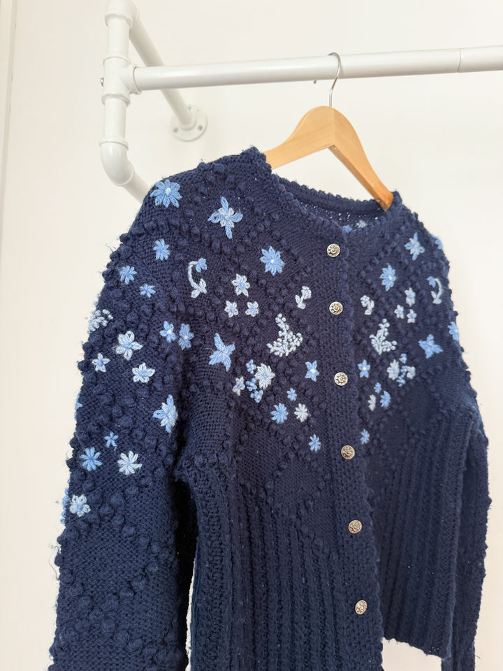 Stunning Holy Grail Rare Heavily Detailed Floral Navy Wool Austrian Knit Cardigan