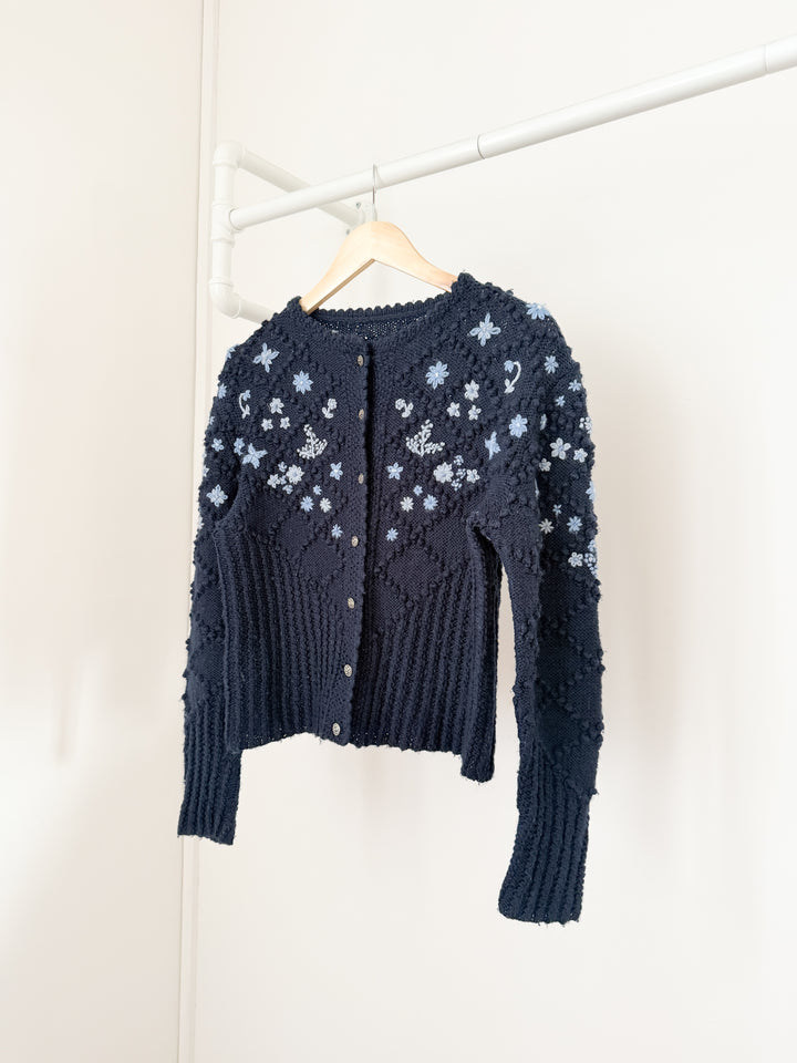 Stunning Holy Grail Rare Heavily Detailed Floral Navy Wool Austrian Knit Cardigan