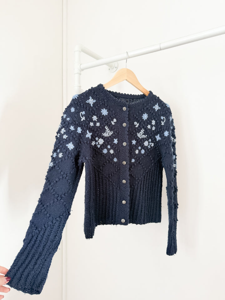 Stunning Holy Grail Rare Heavily Detailed Floral Navy Wool Austrian Knit Cardigan