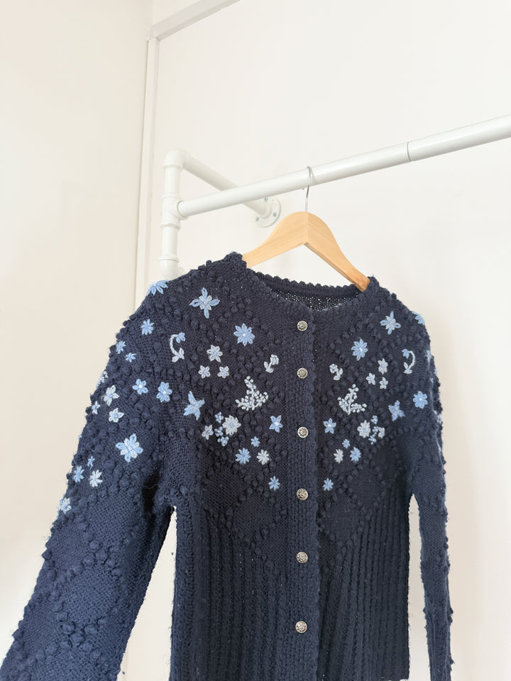 Stunning Holy Grail Rare Heavily Detailed Floral Navy Wool Austrian Knit Cardigan