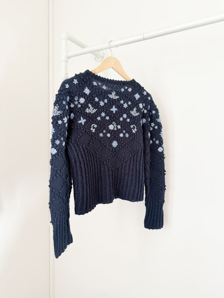 Stunning Holy Grail Rare Heavily Detailed Floral Navy Wool Austrian Knit Cardigan