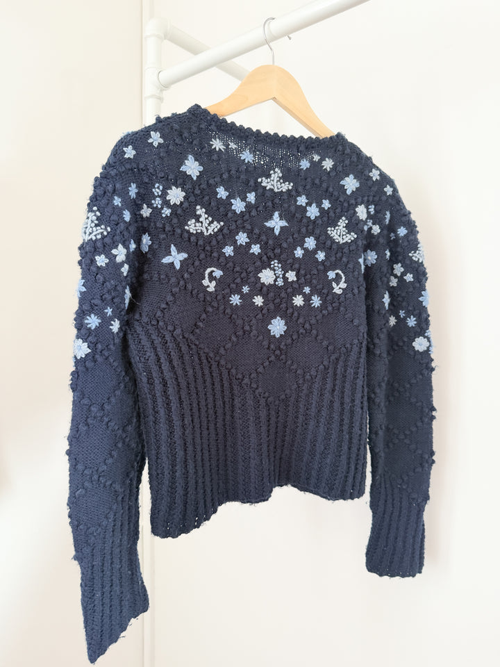 Stunning Holy Grail Rare Heavily Detailed Floral Navy Wool Austrian Knit Cardigan