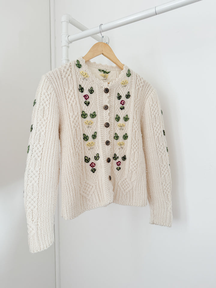 Gorgeous Rare Floral Embroidered Austrian Cream Wool Cardigan