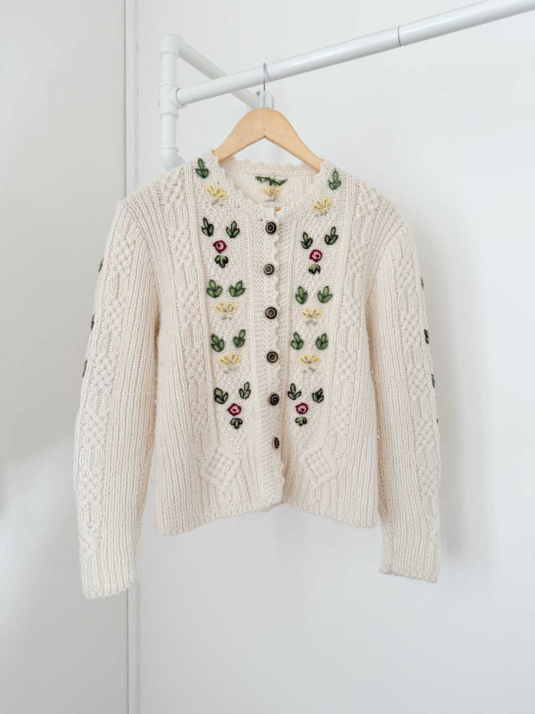 Gorgeous Rare Floral Embroidered Austrian Cream Wool Cardigan