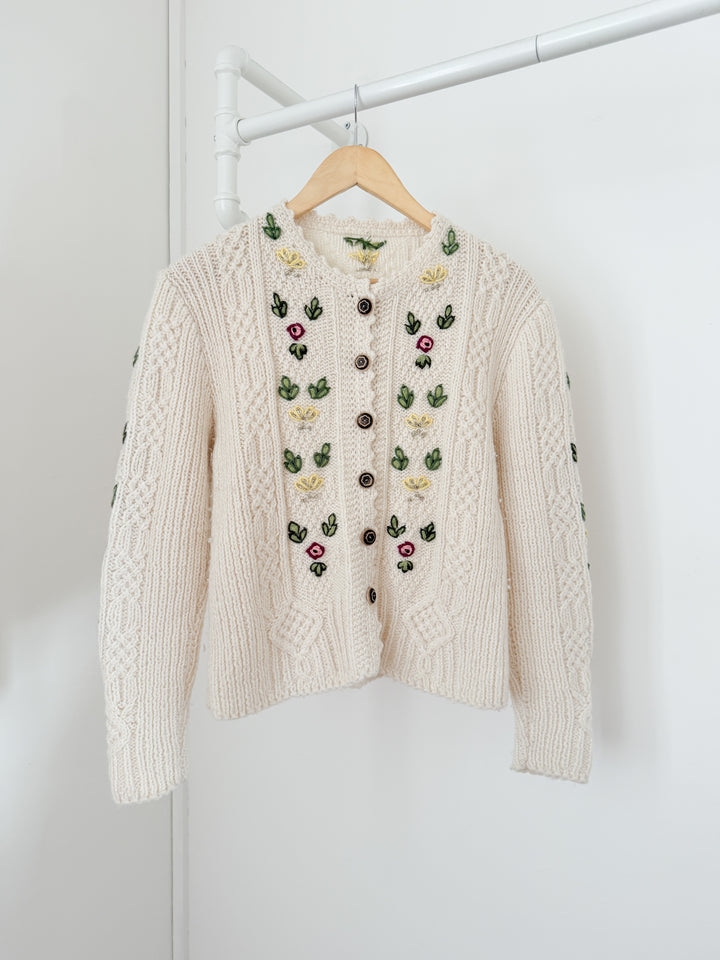Gorgeous Rare Floral Embroidered Austrian Cream Wool Cardigan