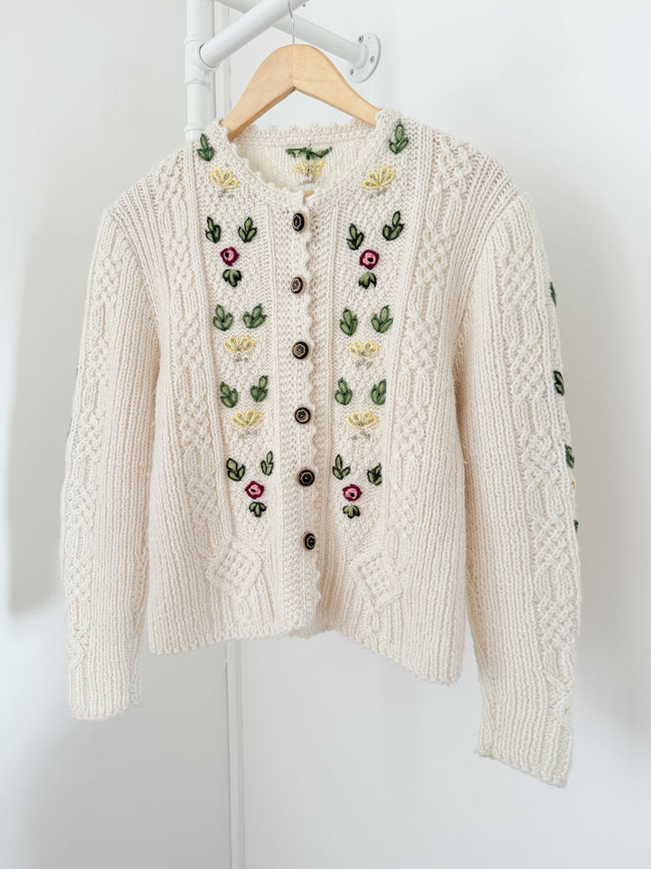 Gorgeous Rare Floral Embroidered Austrian Cream Wool Cardigan
