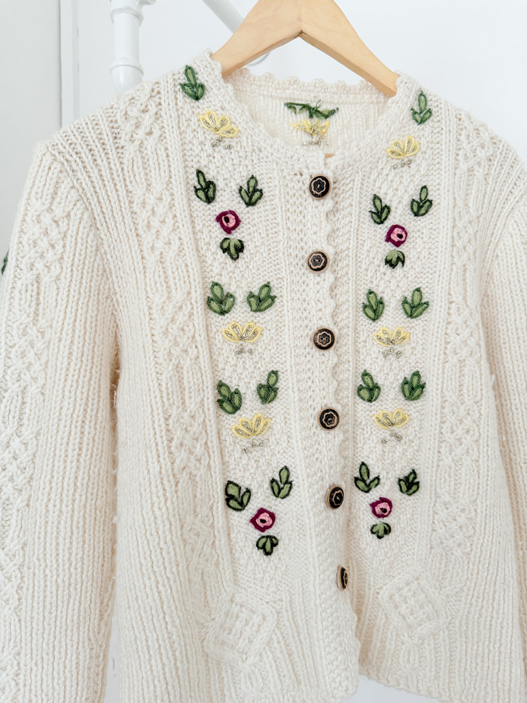 Gorgeous Rare Floral Embroidered Austrian Cream Wool Cardigan