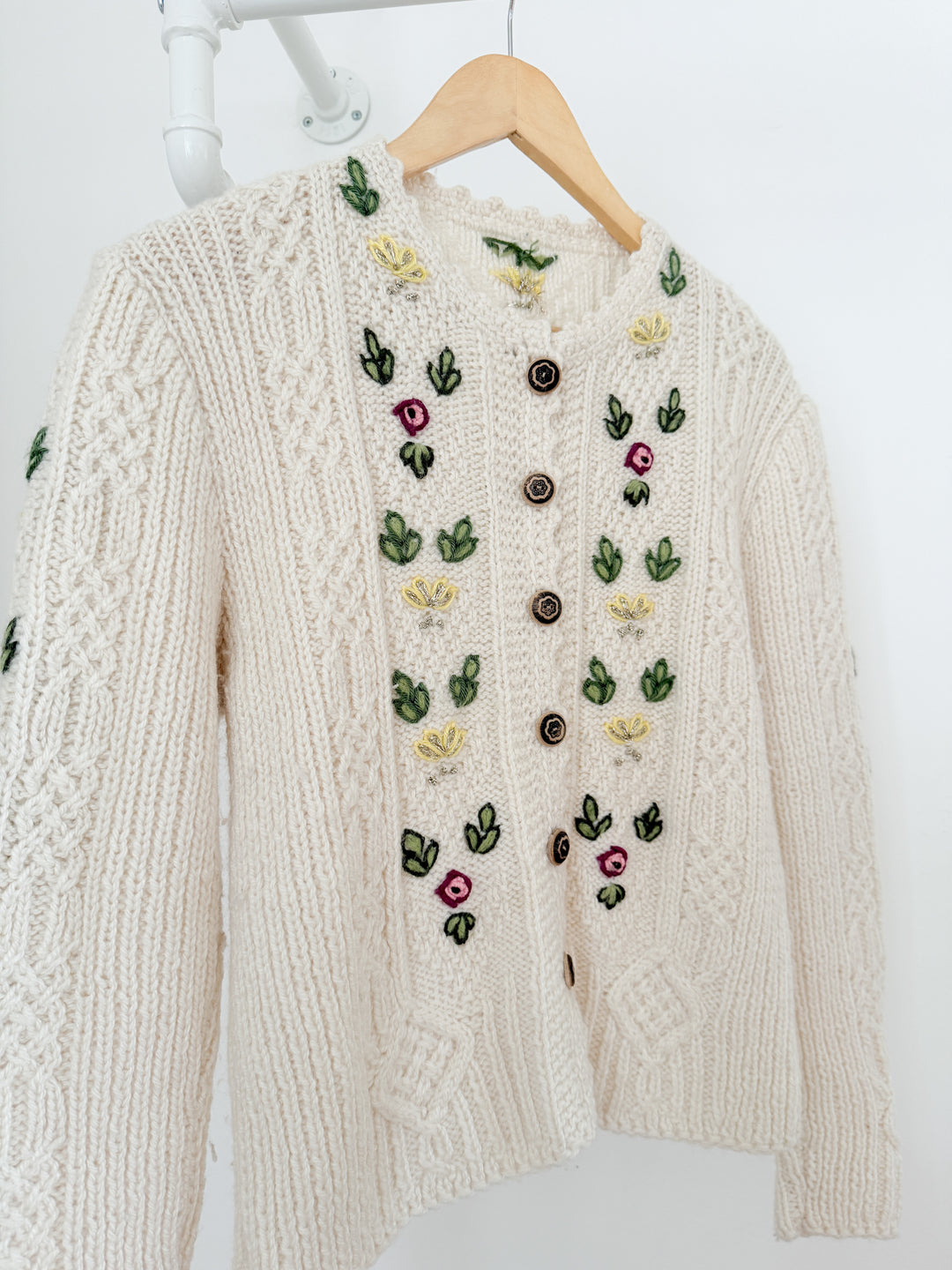 Gorgeous Rare Floral Embroidered Austrian Cream Wool Cardigan