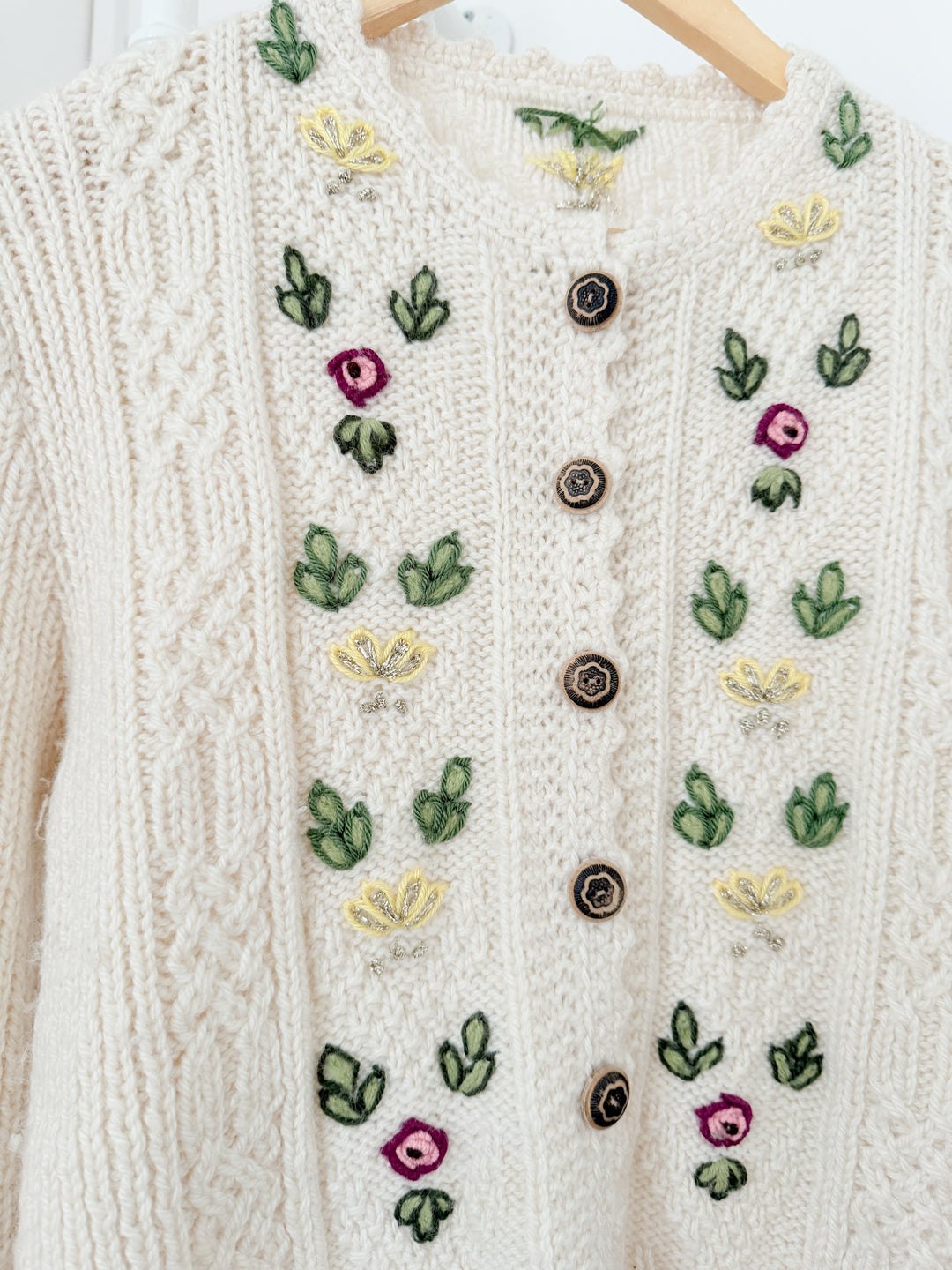 Gorgeous Rare Floral Embroidered Austrian Cream Wool Cardigan