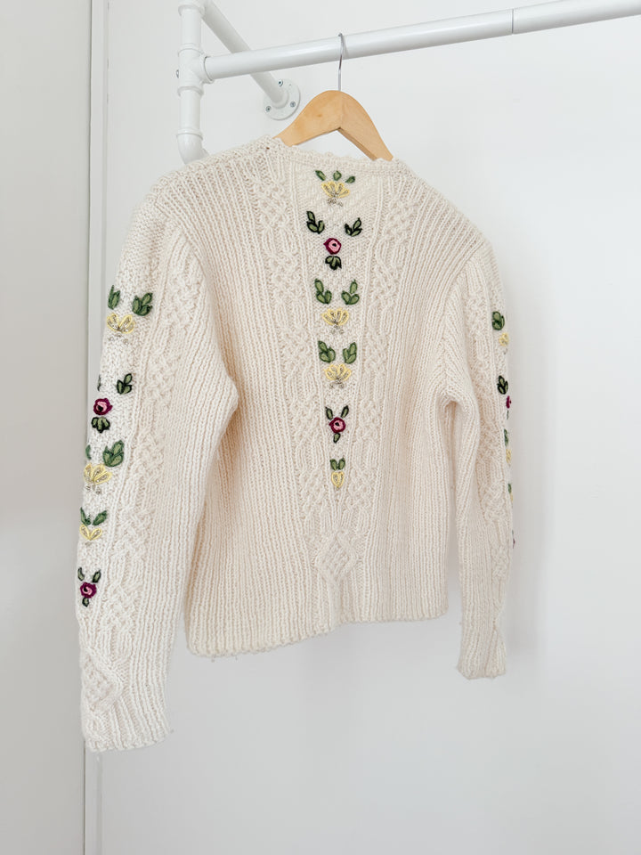 Gorgeous Rare Floral Embroidered Austrian Cream Wool Cardigan