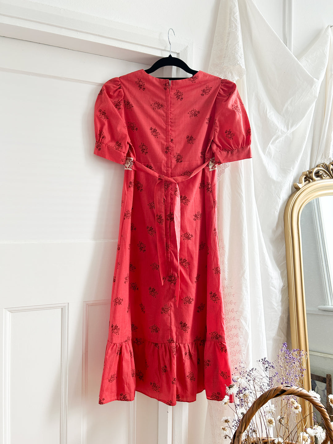 BEAUTIFUL RED COTTON BOHO PRAIRIE MIDI DRESS