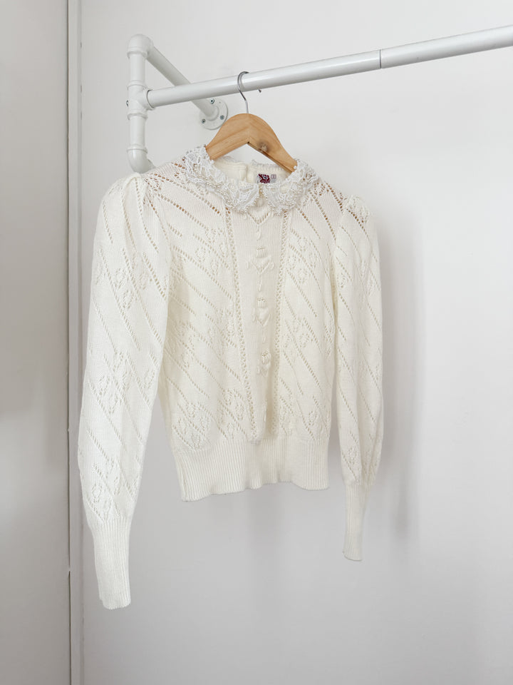 Gorgeous Rare 1970s Honeysuckle Pearl Embellished Puff Sleeve Pointelle Cotton Blend Sweater