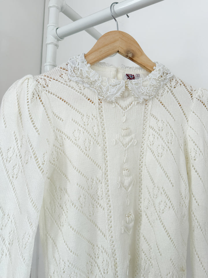 Gorgeous Rare 1970s Honeysuckle Pearl Embellished Puff Sleeve Pointelle Cotton Blend Sweater