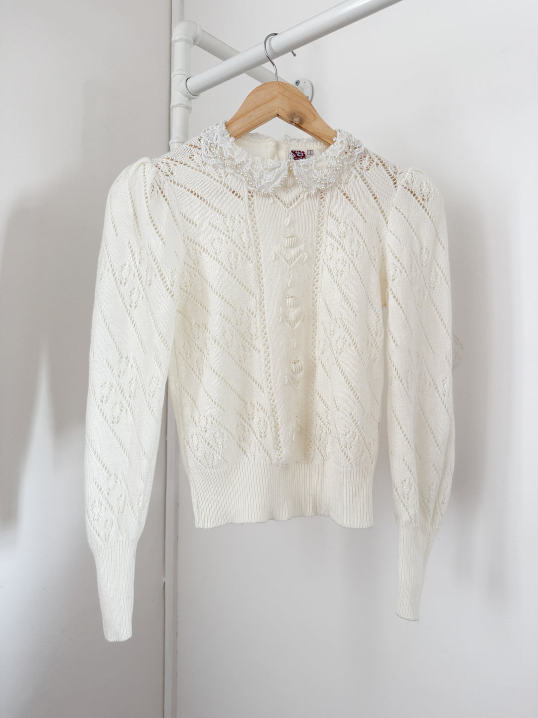 Gorgeous Rare 1970s Honeysuckle Pearl Embellished Puff Sleeve Pointelle Cotton Blend Sweater