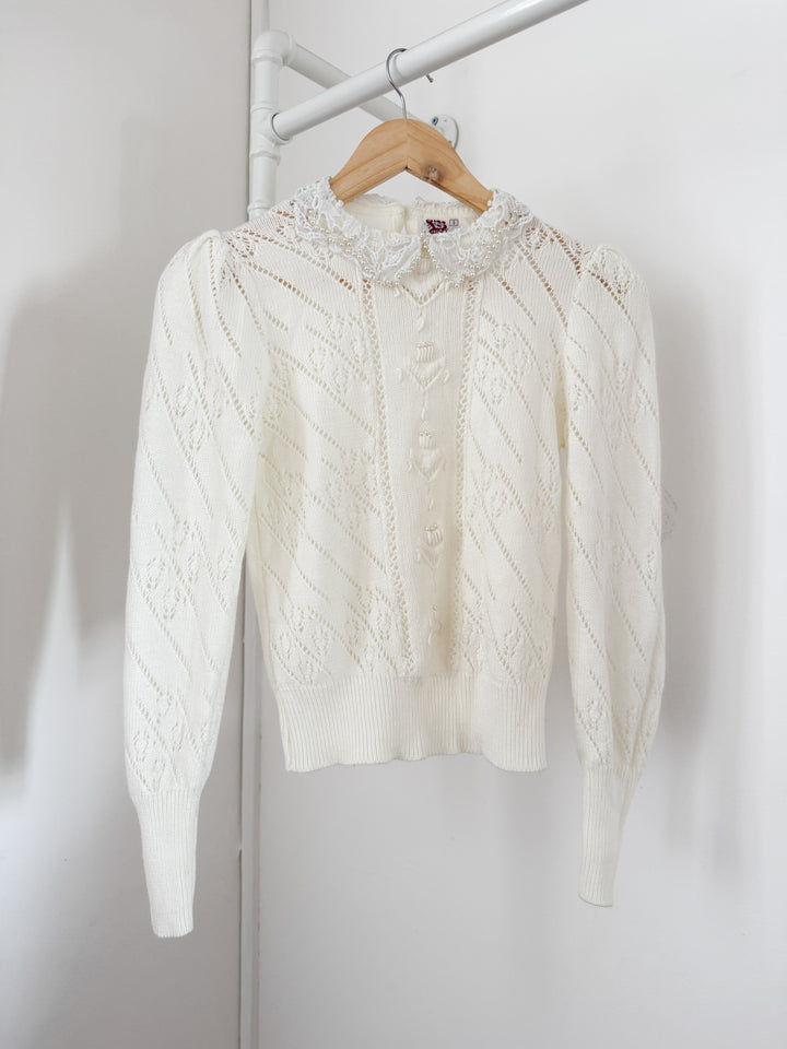 Gorgeous Rare 1970s Honeysuckle Pearl Embellished Puff Sleeve Pointelle Cotton Blend Sweater
